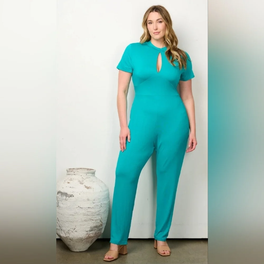 READ FOR THE FLAW- Teal Short Sleeve Keyhole Open Back Jumpsuit for Women - Picture 2 of 4